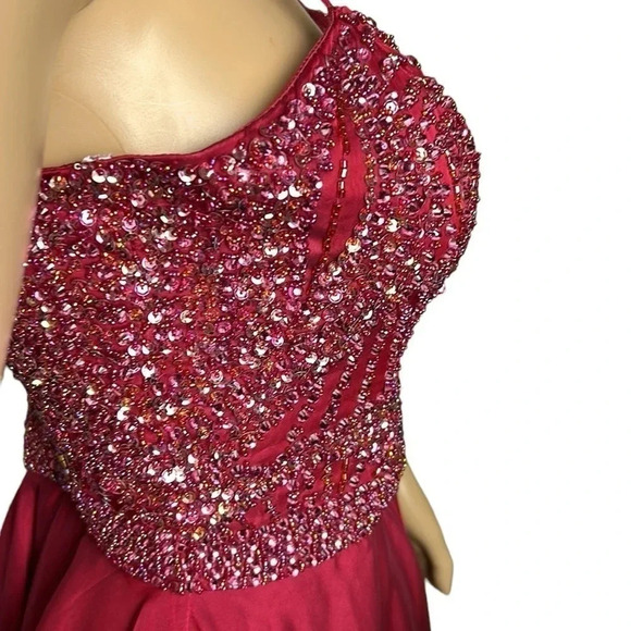 SHERRI HILL corset strapless flounce skater dress,rhinestones fit&flare,glam,red - Picture 6 of 16